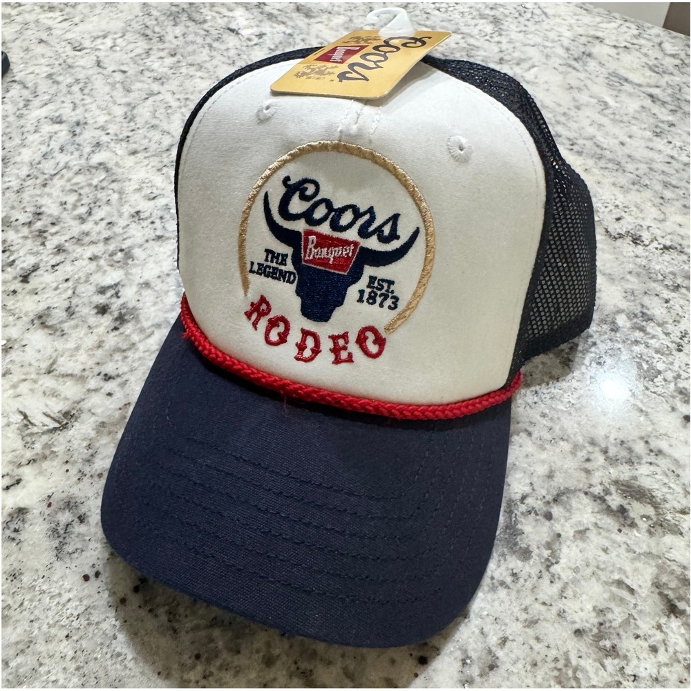 Coors Banquet Rodeo Trucker Hat Navy White Red Rope Snapback NWT